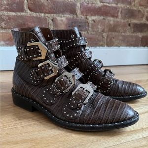 Givenchy Prue Studded Embossed Leather Buckle Boots size 38
